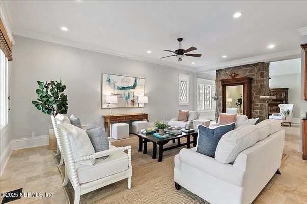 Fireplace, Interior, Living room, Recessed Lighting, Stone Walls