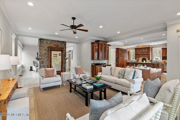 Fireplace, Interior, Kitchen, Living room, Recessed Lighting, Stone Walls