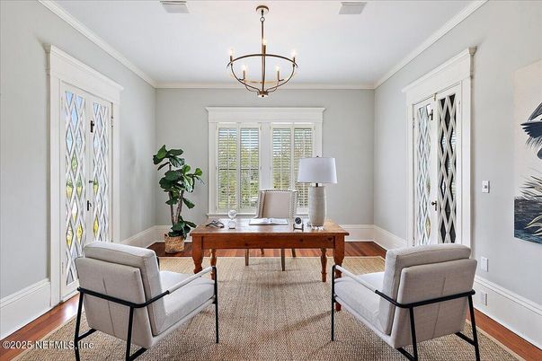 Chandelier, Home Office, Interior, Wood Texture Flooring