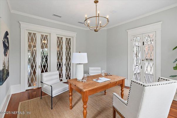 Chandelier, Home Office, Interior, Wood Texture Flooring