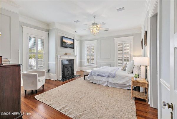Bedroom, Fireplace, Interior, Wood Texture Flooring