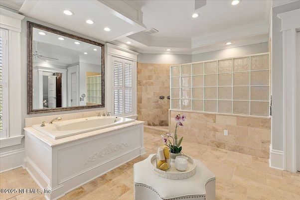 Bathroom, Glass Shower, Interior, Recessed Lighting, Stone Walls