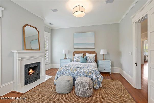 Bedroom, Fireplace, Interior, Wood Texture Flooring