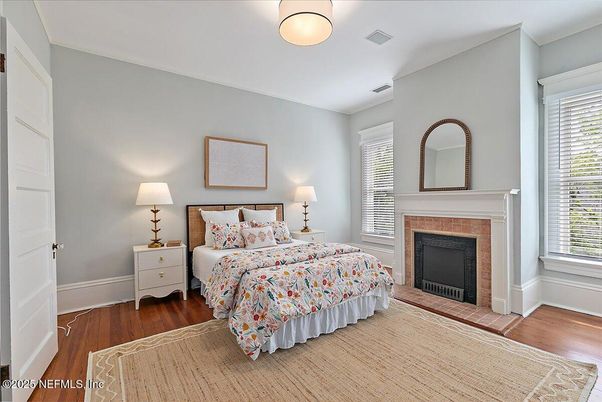 Bedroom, Fireplace, Interior, Wood Texture Flooring