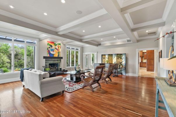 Fireplace, Interior, Living room, Recessed Lighting, Wood Texture Flooring
