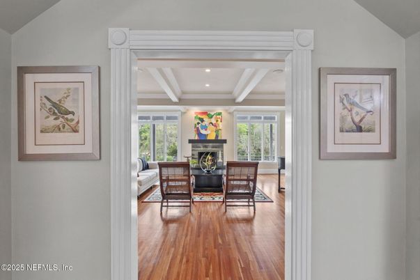 Dining room, Fireplace, Interior, Living room, Recessed Lighting, Wood Texture Flooring