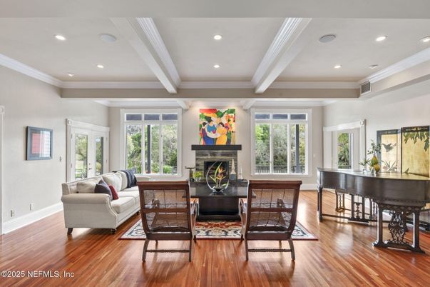 Fireplace, Interior, Living room, Piano, Recessed Lighting, Wood Texture Flooring