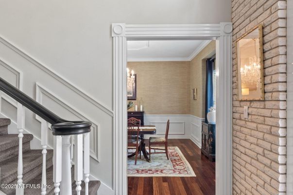 Chandelier, Dining room, Interior, Stone Walls, Wood Texture Flooring