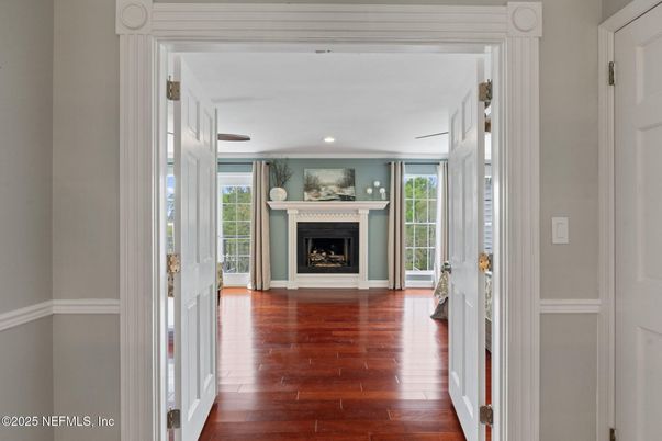 Fireplace, Interior, Recessed Lighting, Wood Texture Flooring