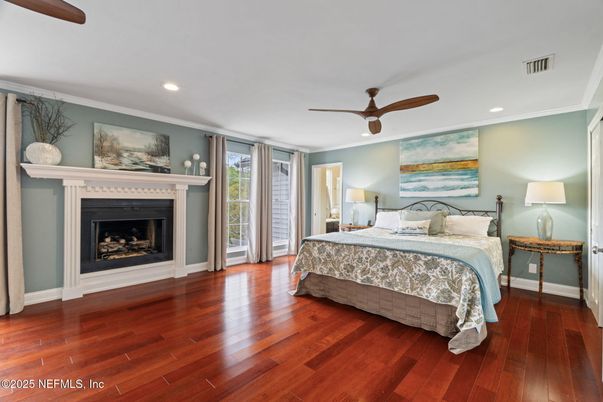 Bedroom, Fireplace, Interior, Recessed Lighting, Wood Texture Flooring