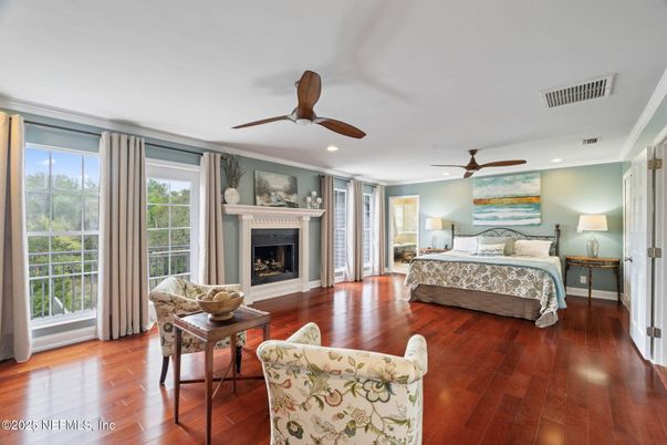 Bedroom, Fireplace, Interior, Recessed Lighting, Wood Texture Flooring