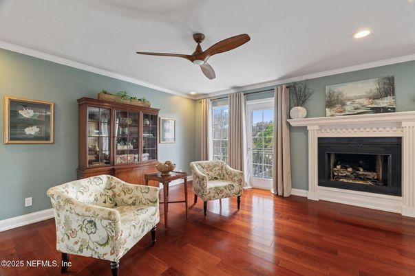 Fireplace, Interior, Recessed Lighting, Wood Texture Flooring