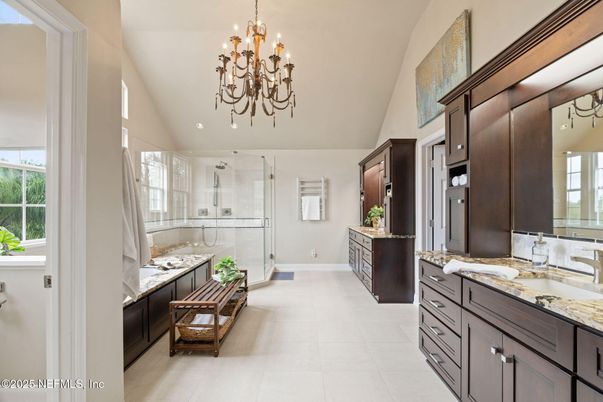 Bathroom, Chandelier, Dual Sink Vanities, Glass Shower, Interior