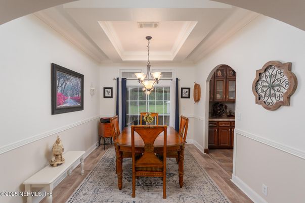 Chandelier, Dining room, Interior, Pendant Lights, Wood Texture Flooring