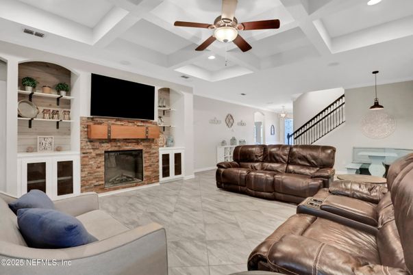 Fireplace, Interior, Living room, Marble, Pendant Lights, Recessed Lighting
