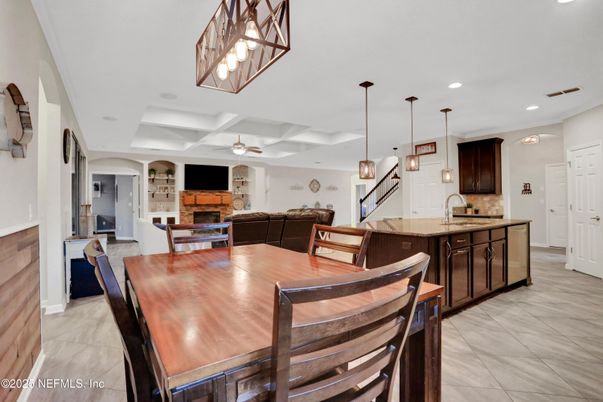 Dining room, Fireplace, Interior, Kitchen, Living room, Pendant Lights, Recessed Lighting