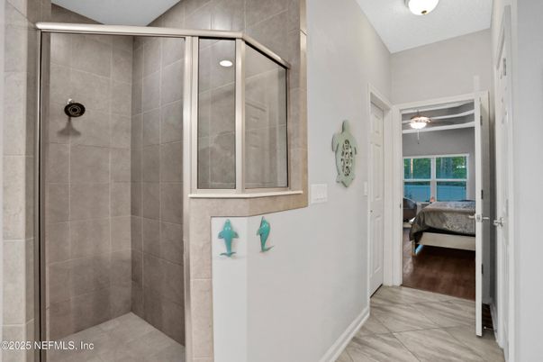 Bathroom, Bedroom, Glass Shower, Interior, Wood Texture Flooring