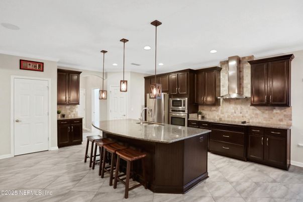 Interior, Kitchen, Marble, Pendant Lights, Recessed Lighting, Stainless Steel Appliances