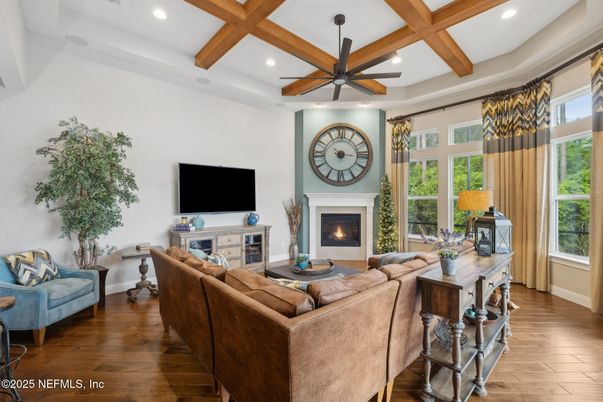 Fireplace, Interior, Living room, Recessed Lighting, Wooden Beams, Wood Texture Flooring