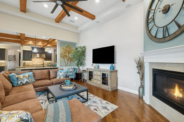 Fireplace, Interior, Kitchen, Living room, Pendant Lights, Recessed Lighting, Stainless Steel Appliances, Wooden Beams, Wood Texture Flooring