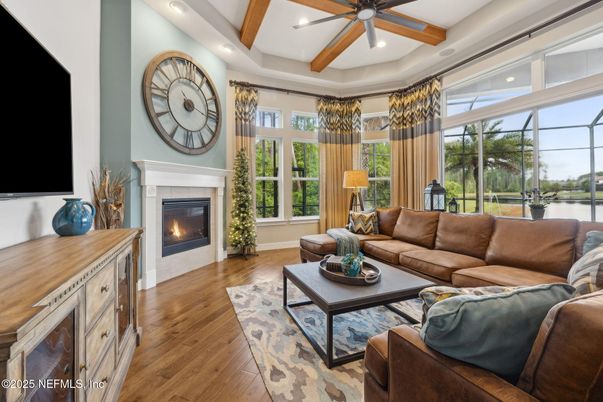 Fireplace, Interior, Living room, Recessed Lighting, Wooden Beams, Wood Texture Flooring