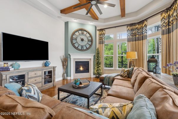 Fireplace, Interior, Living room, Recessed Lighting, Wooden Beams, Wood Texture Flooring