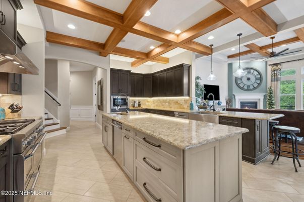 Fireplace, Interior, Kitchen, Pendant Lights, Recessed Lighting, Stainless Steel Appliances, Wooden Beams