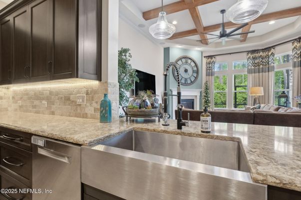Interior, Kitchen, Pendant Lights, Recessed Lighting, Stainless Steel Appliances, Wooden Beams