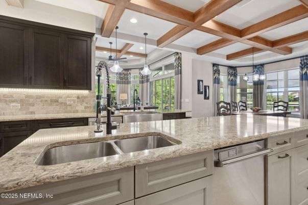 Interior, Kitchen, Pendant Lights, Recessed Lighting, Stainless Steel Appliances, Wooden Beams