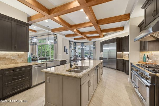 Interior, Kitchen, Pendant Lights, Recessed Lighting, Stainless Steel Appliances, Wooden Beams