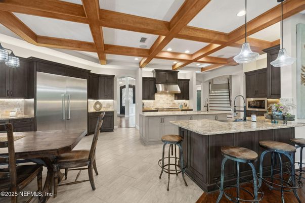 Interior, Kitchen, Pendant Lights, Recessed Lighting, Stainless Steel Appliances, Wooden Beams, Wood Texture Flooring