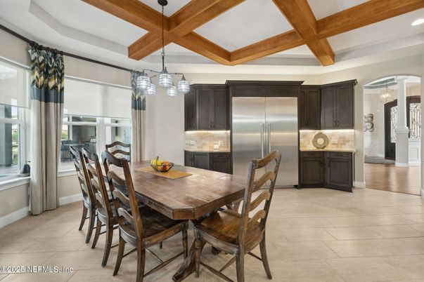 Dining room, Interior, Kitchen, Pendant Lights, Recessed Lighting, Stainless Steel Appliances, Wooden Beams