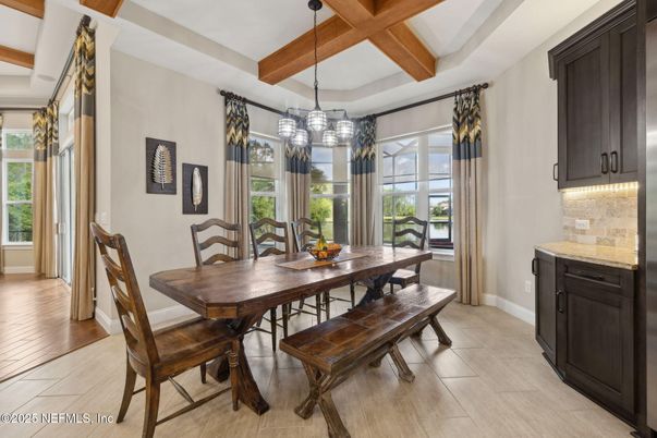 Dining room, Interior, Pendant Lights, Wooden Beams, Wood Texture Flooring