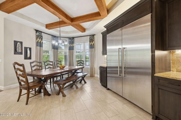 Dining room, Interior, Kitchen, Pendant Lights, Stainless Steel Appliances, Wooden Beams, Wood Texture Flooring