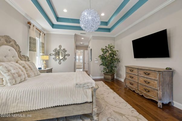 Bedroom, Interior, Pendant Lights, Recessed Lighting, Wood Texture Flooring