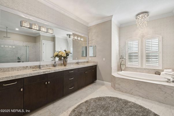 Bathroom, Chandelier, Dual Sink Vanities, Glass Shower, Interior, Marble