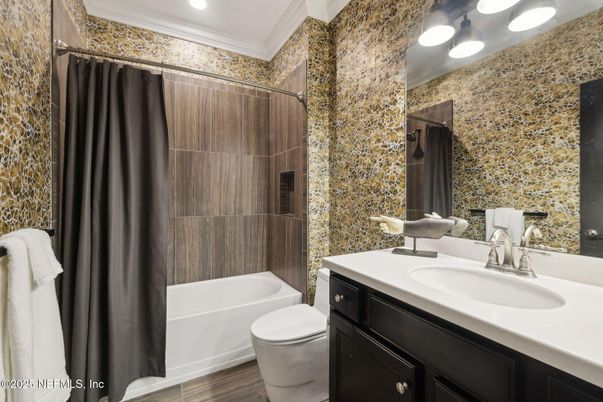 Bathroom, Interior, Recessed Lighting, Wood Texture Flooring