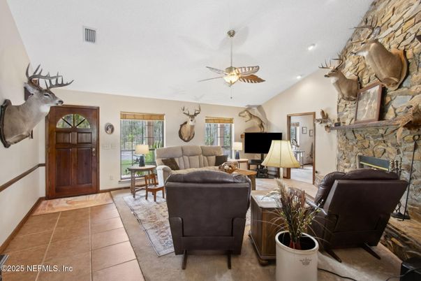 Fireplace, Interior, Living room, Recessed Lighting, Stone Walls