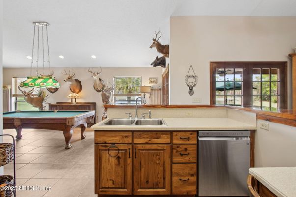 Billiard Table, Game Room, Interior, Kitchen, Pendant Lights, Recessed Lighting, Stainless Steel Appliances
