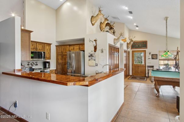 Billiard Table, Game Room, Interior, Kitchen, Pendant Lights, Recessed Lighting, Stainless Steel Appliances