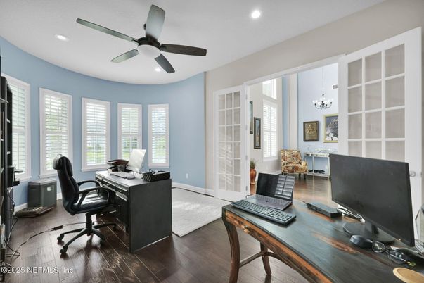 Chandelier, Home Office, Interior, Recessed Lighting, Wood Texture Flooring