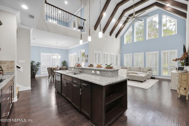 Dining room, Interior, Kitchen, Living room, Pendant Lights, Recessed Lighting, Wooden Beams, Wood Texture Flooring