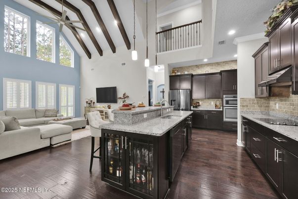 Interior, Kitchen, Living room, Pendant Lights, Recessed Lighting, Stainless Steel Appliances, Wooden Beams, Wood Texture Flooring