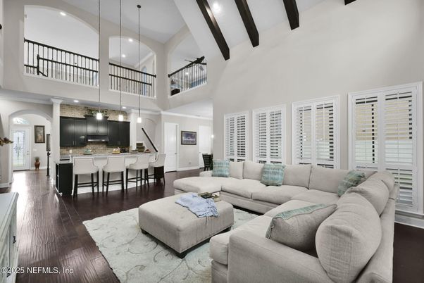 Interior, Kitchen, Living room, Pendant Lights, Recessed Lighting, Stainless Steel Appliances, Wooden Beams, Wood Texture Flooring