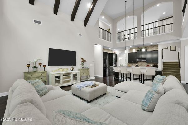 Interior, Kitchen, Living room, Pendant Lights, Recessed Lighting, Stainless Steel Appliances, Wooden Beams, Wood Texture Flooring
