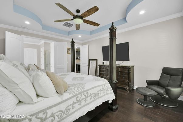 Bedroom, Interior, Recessed Lighting, Wood Texture Flooring