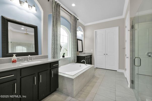 Bathroom, Dual Sink Vanities, Glass Shower, Interior, Recessed Lighting