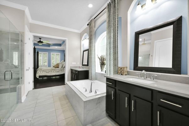 Bathroom, Bedroom, Dual Sink Vanities, Glass Shower, Interior, Recessed Lighting