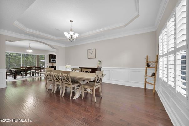 Chandelier, Dining room, Interior, Wood Texture Flooring