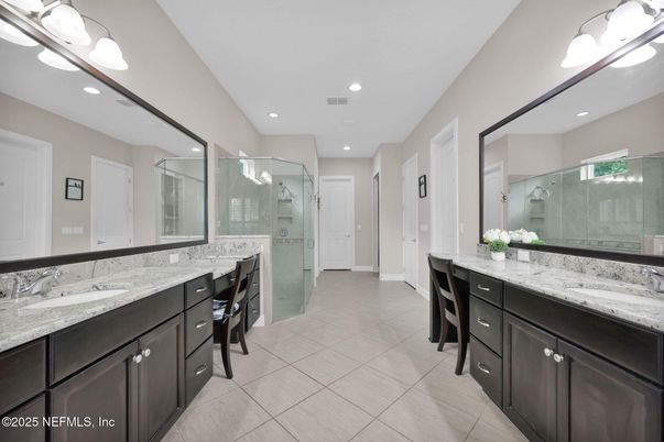 Bathroom, Dual Sink Vanities, Glass Shower, Interior, Recessed Lighting